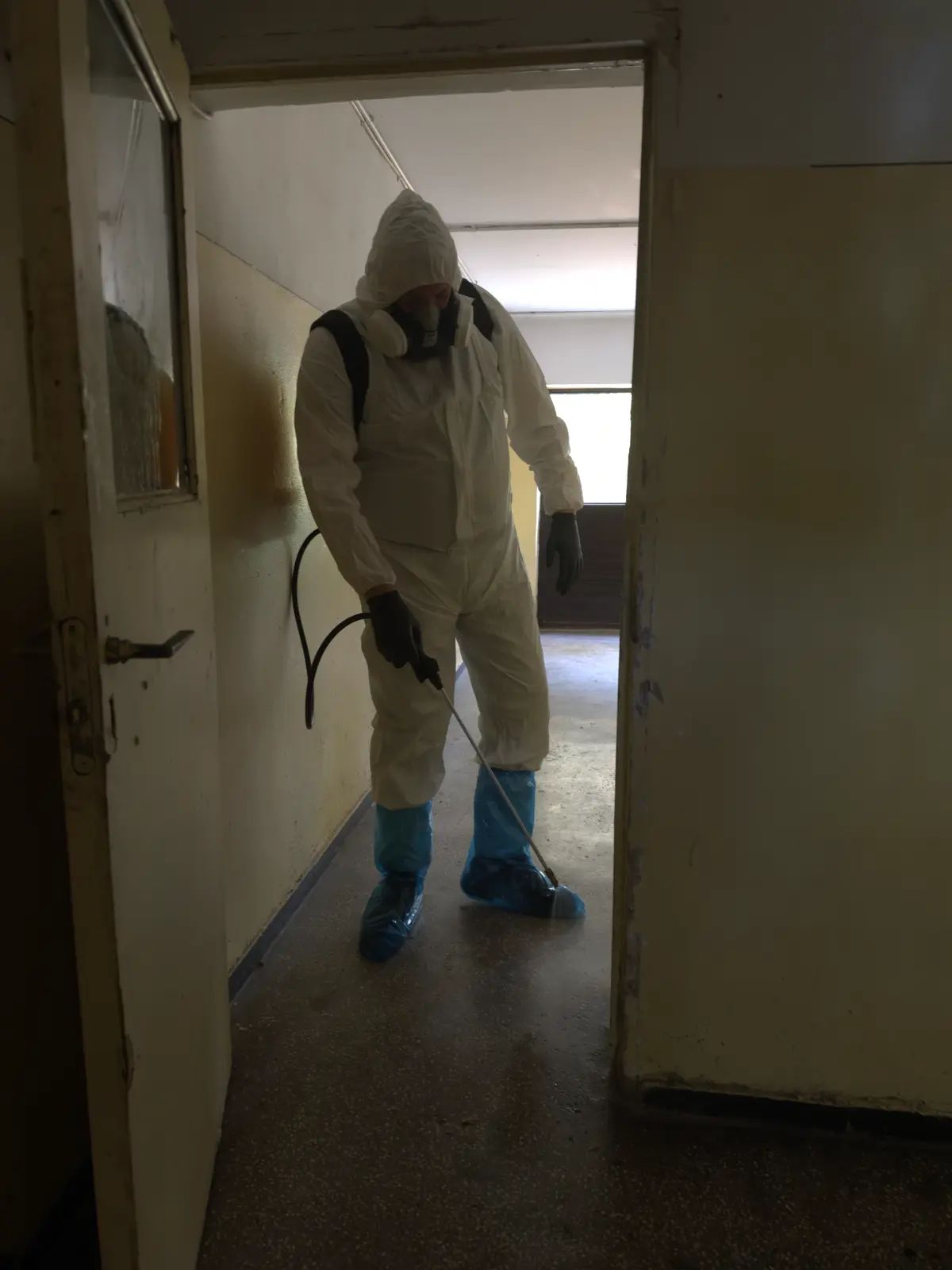 Tehnician Gândăcarul în combinezon de protecție, cu pulverizator, pe holul unui bloc